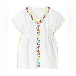 Mini Boden Fruit Embroidered Cover Up 11-12 White Cotton Kaftan Girls Vacation
